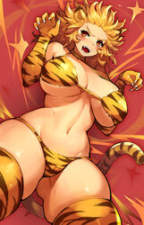 absurdres animal_ears animal_print bikini blonde_hair breasts chinese_zodiac claws facial_mark fangs female female female_focus gurimjang highres large_breasts looking_at_viewer navel open_mouth original print_bikini print_legwear red_background red_eyes short_hair skindentation solo swimsuit tail teeth thick_thighs thighhighs thighs tiger_ears tiger_girl tiger_print tiger_tail underboob whisker_markings year_of_the_tiger yellow_legwear rating:Questionable score:76 user:DemonKitty15