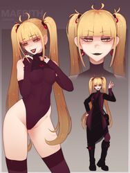 1girls ahoge arm_sleeves bags_under_eyes bangs black_lipstick blonde_hair blunt_bangs blush boots character_sheet clothing earrings eyes_mostly_closed eyeshadow fangs female female_only goth hand_on_hip hi_res justrube leotard light-skinned_female light_skin long_hair looking_at_viewer maerith_(justrube) original original_character pose rube slit_pupils solo solo_female stockings twintails vampire yellow_eyes rating:Questionable score:308 user:!nner$elf89