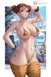 1girls abs absurd_res bangs bare_shoulders belly_button big_breasts bikini bikini_bottom bikini_top blush breasts brown_eyes brown_hair brunette capcom chun-li cleavage collarbone cuffs detailed_background double_bun female hair_bun hair_ribbon hand_on_hip hi_res highres hips huge_breasts large_breasts looking_at_viewer melowh micro_bikini midriff mouth_open open_mouth shiny_skin shoulders slim_waist small_waist solo street_fighter sweat sweatdrop thick thick_ass thick_thighs thigh_highs thighhighs thighs thong_bikini thunder_thighs tiger_print tiger_print_bikini tiger_print_legwear tiger_print_thong tiger_tail underboob waist white_background wide_hips rating:Questionable score:360 user:breadm69