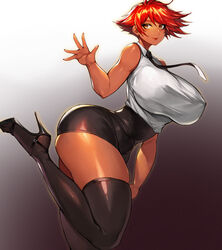 absurdres ass bare_shoulders black_legwear black_necktie breasts closed_mouth dark-skinned_female dark_skin ear_piercing female gigantic_breasts gradient gradient_background gurimjang hand_up high_heels highres large_breasts leg_up necktie no_bra office_lady original piercing pointy_breasts red-haired_warrior_(gurimjang) red_hair shirt short_hair simple_background sleeveless sleeveless_shirt smile solo standing standing_on_one_leg thick_thighs thighhighs thighs thunder_thighs wide_hips yellow_eyes rating:Questionable score:153 user:grimmriper25