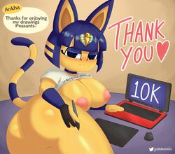 2021 absurd_res animal_crossing ankha anthro ass big_breasts blush bottomless breasts clothed clothing computer domestic_cat drawing_tablet english_text felid feline felis female gammainks heart hi_res huge_breasts laptop looking_at_viewer lying mammal nintendo on_front raised_clothing raised_shirt raised_topwear shirt solo text topwear video_games rating:Questionable score:100 user:DemonKitty15