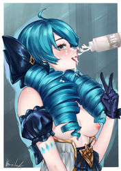 absurdres ahoge bangs black_bow black_dress black_gloves blush border bottle bow breasts bwcloud detached_sleeves dress drill_hair female gloves glowing green_hair grey_background grey_dress gwen_(league_of_legends) hair_over_shoulder hairbow heart highres league_of_legends long_hair looking_at_viewer medium_breasts milk milk_bottle nipples puffy_short_sleeves puffy_sleeves shiny shiny_clothes shiny_hair short_sleeves sideways_glance signature solo suggestive_fluid tongue tongue_out twin_drills upper_body v white_border rating:Explicit score:66 user:bot