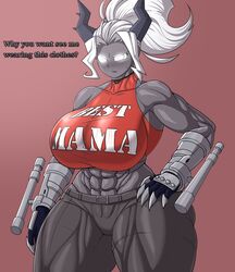 abs bare_shoulders belt breasts busty claws da_ra_ra_ra demon_girl helltaker horns huge_breasts judgement_(helltaker) large_breasts looking_at_viewer monster_girl muscles muscular_female muscular_thighs ponytail silver_eyes silver_hair talking_to_viewer text thick_thighs thunder_thighs tight_clothing tight_pants white_eyes white_hair wide_hips rating:Explicit score:137 user:R-998