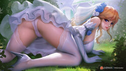 1girls all_fours ass blonde_hair blue_eyes blush crystal_rose_lux crystal_rose_series elbow_gloves female female_focus female_only flower flower_in_hair grass hair_ornament heels high_heels large_breasts league_of_legends league_of_legends:_wild_rift lipstick looking_at_viewer looking_back luxanna_crownguard outside panties patreon_username riot_games stockings tagme thighhighs thighs upskirt white_panties windwalker rating:Questionable score:171 user:AbsoluteTerritory