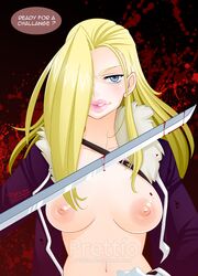  2010 beige_skin blonde_hair blood blue_eyes breasts clothes color english_text female female_only front_view fullmetal_alchemist hair hair_over_one_eye human long_hair looking_at_viewer nipples olivier_mira_armstrong open_clothes pointy_chin prettio round_ears solo sword text weapon  rating:explicit score: user:bot