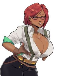 arc_system_works beauty_mark cleavage cosplay dark-skinned_female dark_skin female female_only final_fantasy final_fantasy_xiv giovanna_(guilty_gear) gloves guilty_gear large_breasts lifting_breasts lipstick milf mole mole_on_breast mole_under_mouth open_shirt original_character pants purple_eyes red_hair roegadyn skullworms soothing_ruby square_enix suspenders wink winking winking_at_viewer rating:Questionable score:128 user:artuploadfan