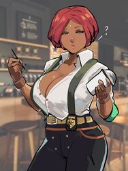 1girls badge cleavage coffee_shop cop dark-skinned_female dark_skin female female_only forehead_mark giovanna_(guilty_gear) guilty_gear guilty_gear_strive large_breasts open_shirt pants red_hair skullworms suspenders rating:Explicit score:137 user:artuploadfan