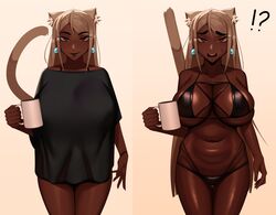 !? 1girls 2022 belly_button bikini black_bikini black_shirt blush breasts brown-haired_catgirl_(kevbot) brown_eyes brown_hair brown_skin cat_ears cat_tail catgirl coffee_mug dark-skinned_female dark_skin earrings embarrassed female female_only hips holding_object huge_breasts kevbot large_shirt long_hair looking_at_viewer original original_character shirt simple_background thick_thighs thighs wide_hips rating:Questionable score:150 user:Cero_Oscuras