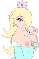 1girls areolae bhloopy big_breasts breasts coin female looking_at_viewer mario_(series) nintendo nipples partially_clothed pointing princess_rosalina smile solo solo_female super_mario_galaxy topless white_background rating:Explicit score:59 user:chrisc03