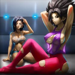 2girls big_breasts black_eyes black_hair caulifla dragon_ball dragon_ball_super elitenappa female female_only female_saiyan fit gym kale ripped_clothing saiyan sweat universe_6 universe_6/universe_7 workout rating:Explicit score:145 user:moistlover