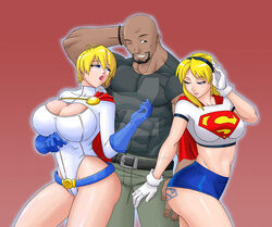 1boy 2girls beard blonde_hair dark-skinned_male dark_skin dc dc_comics interracial light-skinned_female looking_down muscular_male power_girl smile supergirl superheroine superman_(series) tagme tattoo ultra-sempai rating:Explicit score:27 user:slut_rper824