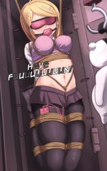 absurdres ahoge akamatsu_kaede arms_behind_back ball_gag bangs black_legwear black_skirt blindfold blonde_hair bondage bound bound_arms breast_bondage breasts crotch_rope danganronpa danganronpa_(series) danganronpa_v3:_killing_harmony dankestofdans dildo_gag drool english_text female gag gagged hair_ornament highres in_container in_locker large_breasts locker locker_bondage long_hair microskirt monokuma musical_note_hair_ornament navel no_shoes pantyhose restrained rope shibari_over_clothes skindentation skirt solo stomach straight_hair suspension torture vibrator rating:Explicit score:162 user:bot