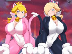 2022 2girls alternate_costume animal_hands artist_logo artist_signature blonde_hair blue_eyes bowser's_fury breasts cat_costume cat_ears cat_peach cat_rosalina cat_suit cleavage clothed clothed_female crown female female_only hair_over_one_eye hi_res hips huge_breasts kaos_art kneeling long_hair looking_at_viewer mario_(series) nintendo outdoors paw_gloves paws png princess princess_peach princess_rosalina red_sky royalty slim_waist super_bell super_mario_3d_world tail tail_accessory thick_thighs thighs very_high_resolution wide_hips rating:Questionable score:327 user:Cero_Oscuras