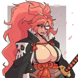 1girls annoyed baiken busty cape cherry_blossoms cloak eye_patch facepaint female female_only guilty_gear guilty_gear_strive katana large_breasts loggus_doggus one_eye pink_hair ponytail red_hair samurai simple_background solo rating:Questionable score:66 user:Log_draws