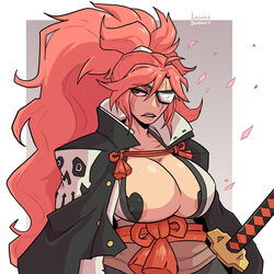 1girls annoyed baiken black_heart_pasties black_pasties busty cape cherry_blossoms cloak eye_patch facepaint female female_only guilty_gear guilty_gear_strive heart_pasties katana large_breasts loggus_doggus nipple_bulge one_eye pasties pink_hair ponytail red_hair samurai simple_background solo rating:Explicit score:36 user:Log_draws