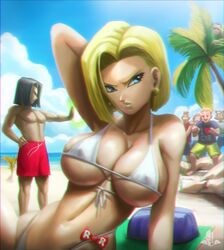 android_17 android_18 beach big_breasts bikini blonde_hair blue_eyes curvy_female dragon_ball elitenappa muscular_male posing swimming_trunks rating:Explicit score:116 user:moistlover