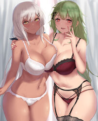 2022 2girls absurdres asymmetrical_docking bangs black_bow black_garter_belt black_legwear bow bow_panties bra breast_press breasts cleavage dark-skinned_female dark_skin eyebrows_visible_through_hair garter_belt girls'_frontline green_hair hair_ornament hairclip hand_on_another's_shoulder hand_up highres large_breasts long_hair looking_at_viewer m590_(girls'_frontline) mk48_(girls'_frontline) multiple_girls nail_polish navel open_mouth panties picot_trim picot_trim_bra red_bra red_eyes red_nails red_panties satou_aji smile standing sweat thighhighs thighs underwear underwear_only very_long_hair white_bra white_hair white_panties yellow_eyes rating:Questionable score:123 user:St1rolvamp3ler