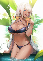 :d bangs bikini black_bikini blue_eyes breasts commentary_request cowboy_shot criss-cross_halter dark-skinned_female dark_skin female female halterneck hand_up highres huge_breasts jacket jacket_on_shoulders lodbyy looking_at_viewer navel original short_hair sidelocks silver_hair sitting smile solo stomach swimsuit thighs water white_jacket rating:Questionable score:30 user:DemonKitty15