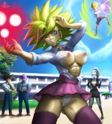 2girls 3boys abs angel angel_(dragon_ball) areolae big_breasts black_hair blue_eyes blue_skin breasts cabba cameltoe dragon_ball dragon_ball_super elitenappa energy_ball female female_saiyan green_hair hit_(dragon_ball) kefla legendary_super_saiyan male male_saiyan muscular_female muscular_male nipples no_bra office_lady potara_earrings saiyan school school_uniform schoolgirl skindentation skirt son_goku super_saiyan super_saiyan_2 underwear universe_6 universe_6/universe_7 vados white_hair rating:Explicit score:131 user:moistlover