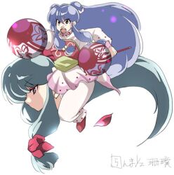  artist_request breastplate brown_eyes chui club eyeshadow hair_bun hair_ornament long_hair lowres makeup open_mouth purple_hair ranma_1/2 ribbon shampoo_(ranma_1/2) skirt source_request weapon  rating:safe score: user:bot