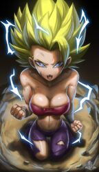 1girls big_breasts blue_eyes breasts caulifla cleavage dragon_ball dragon_ball_super elitenappa female female_only female_saiyan kneeling power_up ripped_clothing saiyan sparkles super_saiyan_2 yellow_hair rating:Explicit score:116 user:moistlover