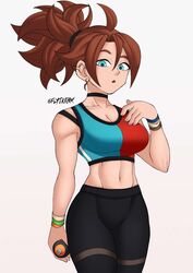 abs android_21 android_21_(human) belly blue_eyes brown_hair choker dragon_ball dragon_ball_fighterz earrings flytrapxx human leggings midriff ponytail slightly_muscular solo solo_female solo_focus sports_bra tagme toned_body toned_female toned_stomach water_bottle rating:Explicit score:159 user:fakeperson