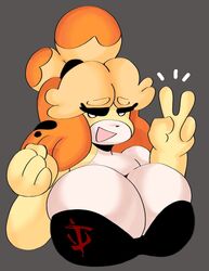 animal_crossing anthro big_breasts breasts canid canine canis clothing dork_boi female furry isabelle_(animal_crossing) lewd_dorky nintendo peace_sign tagme topwear rating:Questionable score:51 user:Rapattack12