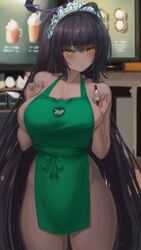 1girls absurd_res ahoge apron apron_only b-pang barista black_hair blue_archive blush breasts brown_skin cleaning_&_clearing_(blue_archive) cleavage dark-skinned_female dark_skin embarrassed female female_focus female_only green_apron hi_res hips holding_object huge_breasts iced_latte_with_breast_milk indoors karin_(blue_archive) long_hair looking_at_viewer maid_headdress meme millennium_science_school_logo_(blue_archive) millennium_science_school_student naked_apron thick_thighs thighs wide_hips yellow_eyes rating:Explicit score:278 user:WatchTheLanguage