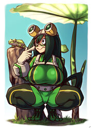 big_breasts breasts coffeelove68 frog goggles goggles_on_forehead green_hair hero_outfit_(mha) kneeling long_hair my_hero_academia solo solo_female tree_stump tsuyu_asui rating:Questionable score:228 user:Lunacy