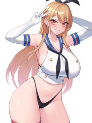 1girls 2022 armpits arms_up bare_thighs black_thong blonde_hair blush breasts cosplay ear_piercing female female_only gyaru hi_res huge_breasts kantai_collection kitagawa_marin kuavera long_hair looking_at_viewer no_pants no_skirt outfit_swap panties peace_sign png red_eyes sailor_uniform shimakaze_(kantai_collection)_(cosplay) simple_background slim_waist smile sono_bisque_doll_wa_koi_wo_suru thick_thighs thighs thong very_high_resolution white_background wide_hips rating:Questionable score:110 user:Cero_Oscuras