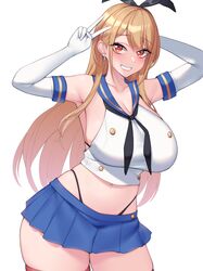 1girls 2022 armpits arms_up black_thong blonde_hair blush breasts cosplay ear_piercing female female_only gyaru hi_res huge_breasts kantai_collection kitagawa_marin kuavera long_hair looking_at_viewer outfit_swap panties peace_sign png red_eyes sailor_uniform shimakaze_(kantai_collection)_(cosplay) short_skirt simple_background skirt slim_waist smile sono_bisque_doll_wa_koi_wo_suru thick_thighs thighs thong very_high_resolution white_background wide_hips rating:Safe score:161 user:Cero_Oscuras