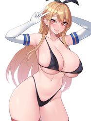 1girls 2022 armpits arms_up bikini black_bikini blonde_hair blush breasts cosplay ear_piercing female female_only gyaru hi_res huge_breasts kantai_collection kitagawa_marin kuavera long_hair looking_at_viewer outfit_swap peace_sign png red_eyes shimakaze_(kantai_collection)_(cosplay) simple_background slim_waist smile sono_bisque_doll_wa_koi_wo_suru thick_thighs thighs very_high_resolution white_background wide_hips rating:Questionable score:152 user:Cero_Oscuras