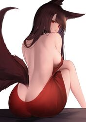 1girls akagi_(azur_lane) akagi_(ruby-laced_beauty)_(azur_lane) alternate_costume an_yasuri animal_ears ass azur_lane bare_shoulders female female_only finger_on_mouth fox_ears fox_girl fox_tails kitsune light-skinned_female light_skin looking_at_viewer multiple_tails no_bra official_alternate_costume sakura_empire_(azur_lane) shh sideboob simple_background solo tail rating:Questionable score:101 user:Aye1696