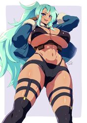 aqua_hair athletic athletic_female bandaid bandaid_on_nose belly_button big_breasts big_hips bikini bikini_bottom bikini_top blue_coat blue_eyes breasts coat dark-skinned_female dark_skin fang_out fit fit_female green_hair huge_breasts jacket kneesocks looking_at_viewer looking_down muscular_female oerba_yun_fang open_mouth original_character panty_straps pouches rykerdj shiny shiny_hair shiny_skin short_shorts shorts tan tan_body tan_skin thick_thighs thighs thong_above_shorts thong_straps underboob wide_hips yajiro_masaru rating:Explicit score:90 user:Ghostfarts