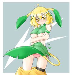 armlet beige_skin blush breasts choker clothes color female female_only front_view green_skin hair humanized kemonomimi koshian leafeon long_ears looking_at_viewer nipples open_eyes open_mouth panties pokemon short_hair solo standing tail torn_clothes yellow_eyes yellow_hair rating:Explicit score:8 user:bot