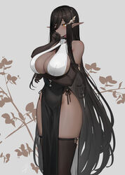 1girls 2021 :o bare_shoulders black_gloves black_hair blush breast_hold breasts china_dress chinese_clothes cleavage dark-skinned_female dark_elf dark_elven_girl_(hayabusa) dark_skin dress elbow_gloves elf eyebrows_visible_through_hair eyes_visible_through_hair female female_only gloves grey_background hair_ornament hair_over_one_eye hand_on_chin hayabusa highres jewelry large_breasts long_hair mole mole_on_breast orange_eyes original pelvic_curtain plant sideboob simple_background skindentation solo standing teeth thick_thighs thighhighs thighs very_long_hair wide_hips zettai_ryouiki rating:Questionable score:218 user:Blookryynnn