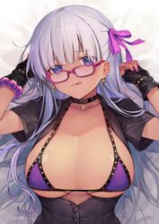 alternate_color bangs bb_(bb_shot!)_(fate) bb_(fate) bb_(swimsuit_mooncancer)_(fate) bikini black_dress black_gloves blush breasts breasts_out choker collarbone dark-skinned_female dark_skin dress earrings fate/grand_order fate_(series) female fingerless_gloves glasses gloves hair_ribbon jewelry large_breasts licking_lips long_hair looking_at_viewer lying on_back open_clothes open_dress pink_ribbon purple_bikini purple_eyes purple_hair ribbon short_sleeves smile swimsuit tongue tongue_out very_long_hair vivi_(eve_no_hakoniwa) rating:Questionable score:17 user:DemonKitty15