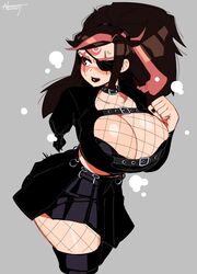 1girls amputee baiken big_breasts blush breast_grab breasts brown_hair choker cleavage clenched_fist eye_patch face_markings female fishnet_shirt fishnet_stockings fishnets goth gothified grey_background guilty_gear huge_breasts large_breasts lipstick long_hair nezulet orange_hair orange_highlights pink_highlights scar scarf skirt solo steamy thick_thighs thighs topwear two_tone_hair rating:Questionable score:183 user:Bikuta69