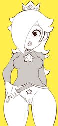 clothed female mario_(series) monochrome panties panties_aside presenting presenting_pussy princess_rosalina pussy simple_background solo super_mario_galaxy tenshigarden yellow_background rating:Explicit score:41 user:chrisc03