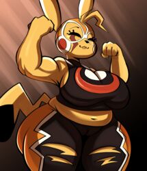 1girls anthro biceps big_breasts breasts clothed cosplay_pikachu eyes_closed female female_only flexing huge_breasts mask nathanatwar pants pikachu pikachu_libre pokémon_(species) pokemon slightly_chubby solo thick_thighs whateverdoes wide_hips rating:Questionable score:114 user:Rex_Hollins