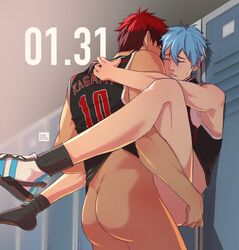 2boys ass ass athletic_wear blue_hair gay haledrum kuroko_no_basuke locker_room male male_only red_hair stand_and_carry_position taiga_kagami tetsuya_kuroko yaoi rating:Explicit score:95 user:deleted7703