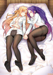 2girls bed black_panties blouse breasts cleavage eyelashes eyeliner feet female female_only hi_res highres holding_hands lingerie long_hair makeup medium_breasts misumi_tozawa mito_(sao) multiple_girls ninai no_bra no_shoes panties pantyhose pillow ponytail red_eyes shirt sword_art_online very_long_hair white_panties yuri yuuki_asuna rating:Explicit score:216 user:DreaManko