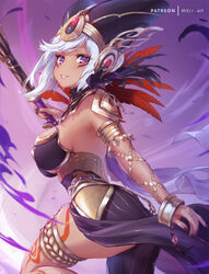 ass back breasts cia_(the_legend_of_zelda) dark-skinned_female dark_skin hyrule_warriors jewelry large_breasts legs makeup mitsu_art nail_polish purple_eyes the_legend_of_zelda thighs white_hair rating:Questionable score:95 user:OnyxSwift