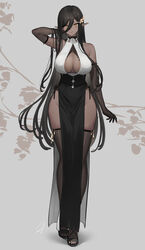 1girls 2021 bare_shoulders black_gloves black_hair blush breasts china_dress chinese_clothes cleavage cleavage_cutout dark-skinned_female dark_elf dark_elven_girl_(hayabusa) dark_skin dress elbow_gloves elf elf_ears elf_female eyebrows_visible_through_hair eyes_visible_through_hair female female_focus female_only gloves grey_background hair_between_eyes hair_ornament halterneck hand_on_chin hands_behind_head hayabusa highres inner_sideboob jewelry large_breasts long_hair looking_at_viewer mole mole_on_breast orange_eyes original pelvic_curtain plant pointy_ears sideboob simple_background skindentation solo solo_female solo_focus standing thick_thighs thighhighs thighs very_long_hair wide_hips zettai_ryouiki rating:Questionable score:232 user:CalZone