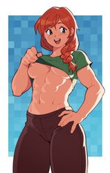 1girls 2d abs alex_(minecraft) blush breasts female female_only green_eyes light-skinned_female light_skin looking_at_viewer minecraft muscular_female nipples no_bra nsfw open_mouth open_smile orange_hair pale-skinned_female pale_skin pants pink_nipples ponytail shirt six_pack smile solo suoiresnu toned toned_female rating:Explicit score:728 user:Lunacy