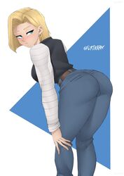 1girls android_18 ass big_ass big_butt blonde_hair blue_eyes breasts dragon_ball dragon_ball_z female female_only flytrapxx fully_clothed looking_back pants short_hair solo thick_thighs thighs tight_clothing rating:Safe score:171 user:Bikuta69