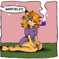 anthro big_ass big_belly big_breasts big_butt cat_ears cat_humanoid cat_tail chubby chubby_female clothed clothing colored_background domestic_cat english_text eyeshadow felid feline female female_only furry garfield_(series) garfield_the_cat gothfield hair_over_one_eye half-closed_eyes mammal meme rule_63 shysun_nsfw smoking smoking_pipe text text_bubble rating:Safe score:84 user:ShySun