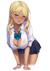 arm_support bangs black_bra blonde_hair blue_bow blue_bowtie blue_eyes blue_skirt blush bow bowtie bra bra_peek bracelet breasts cleavage collared_shirt dark-skinned_female dark_skin earclip earrings eyebrows_visible_through_hair female gyaru hair_ornament hairclip highres jewelry large_breasts leaning_forward long_hair looking_at_viewer miniskirt nail_polish nose_blush open_mouth original parted_bangs pink_nails pleated_skirt school_girl_(wotori) school_uniform shirt simple_background skirt solo sweat underwear white_background wotori x_hair_ornament rating:Questionable score:107 user:grimmriper25