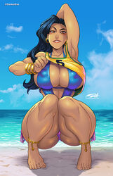 1girls ankle_bracelets arm_behind_head armpits beach big_breasts bikini black_hair bracelet capcom darkereve earrings female female_only hi_res latina laura_matsuda long_hair looking_at_viewer nipples redbone seaside solo solo_female street_fighter street_fighter_v tank_top_lift rating:Questionable score:238 user:!nner$elf89