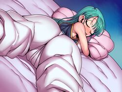 anus bed blush breasts bulma_briefs dragon_ball dragon_ball_(classic) female from_behind green_hair large_breasts legs_apart on_bed on_stomach pillow pillow_grab teenager tsuki_wani tsukiwani tukiwani rating:Questionable score:43 user:Tepo235